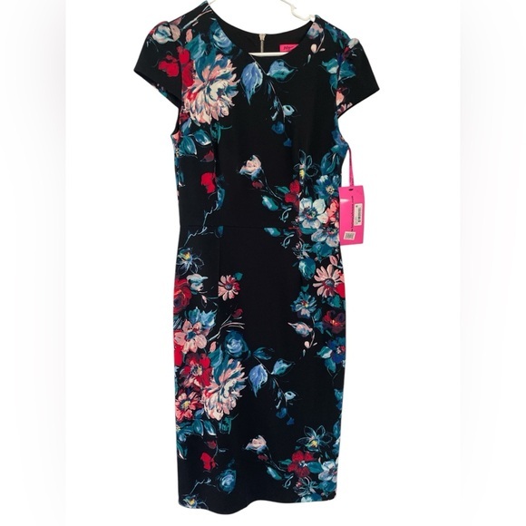 Betsy Johnson Black Floral zipper back stretch dress - size 8 NWT - Picture 1 of 8